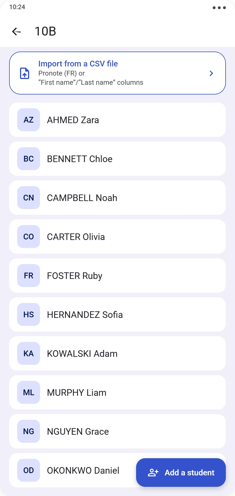 Class record with student list and CSV import option