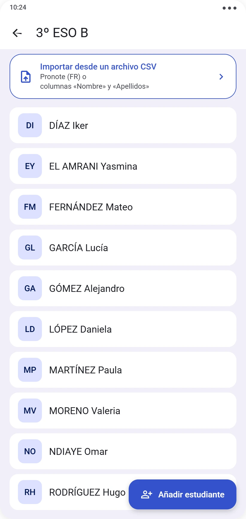 Ficha de una clase con lista de alumnos y opción de importación CSV