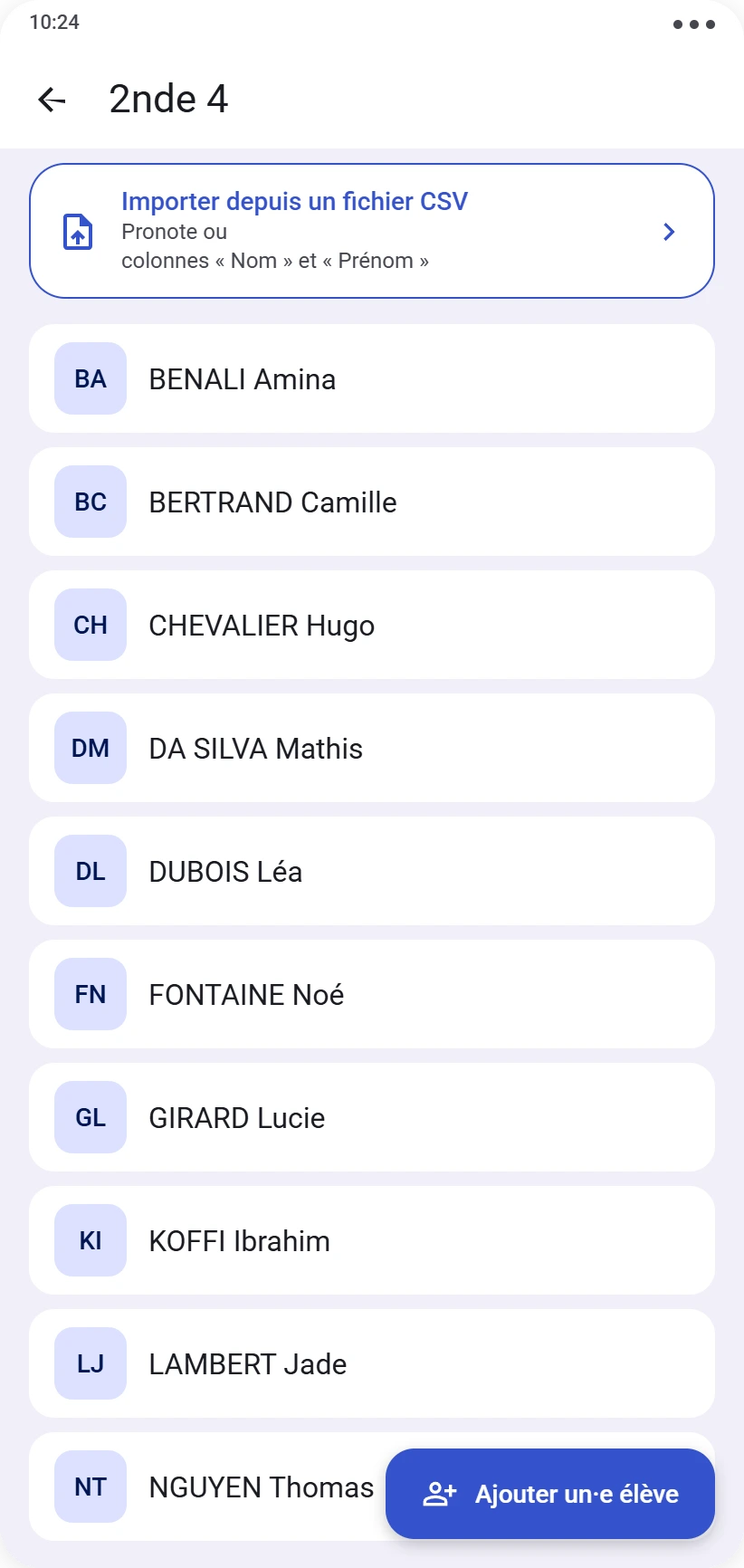 Fiche d'une classe avec liste des élèves et option d'import CSV