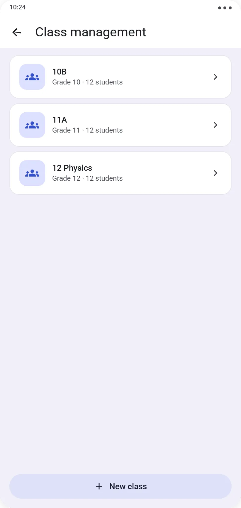 Class list with the button to create a new class