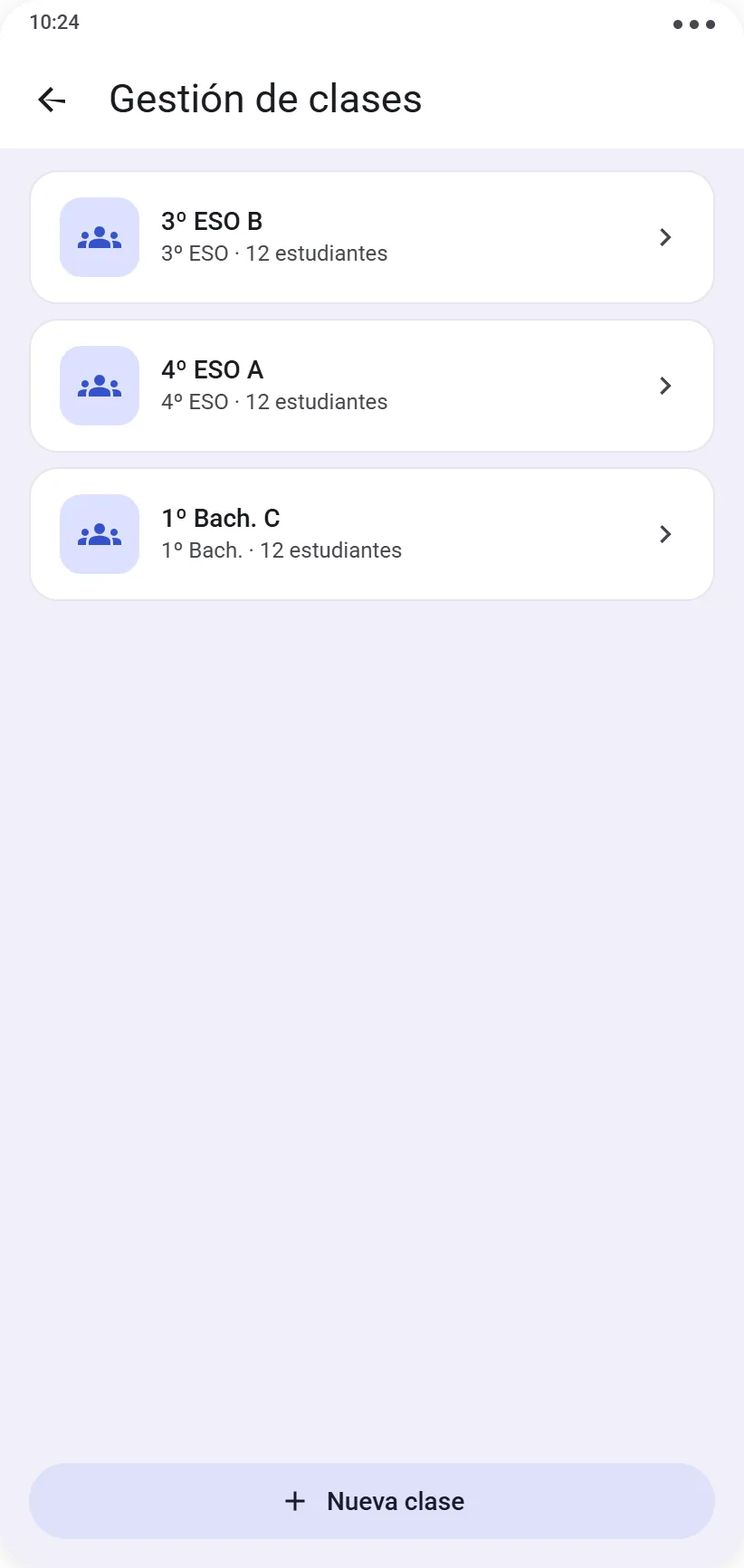 Lista de clases con el botón para crear una nueva clase