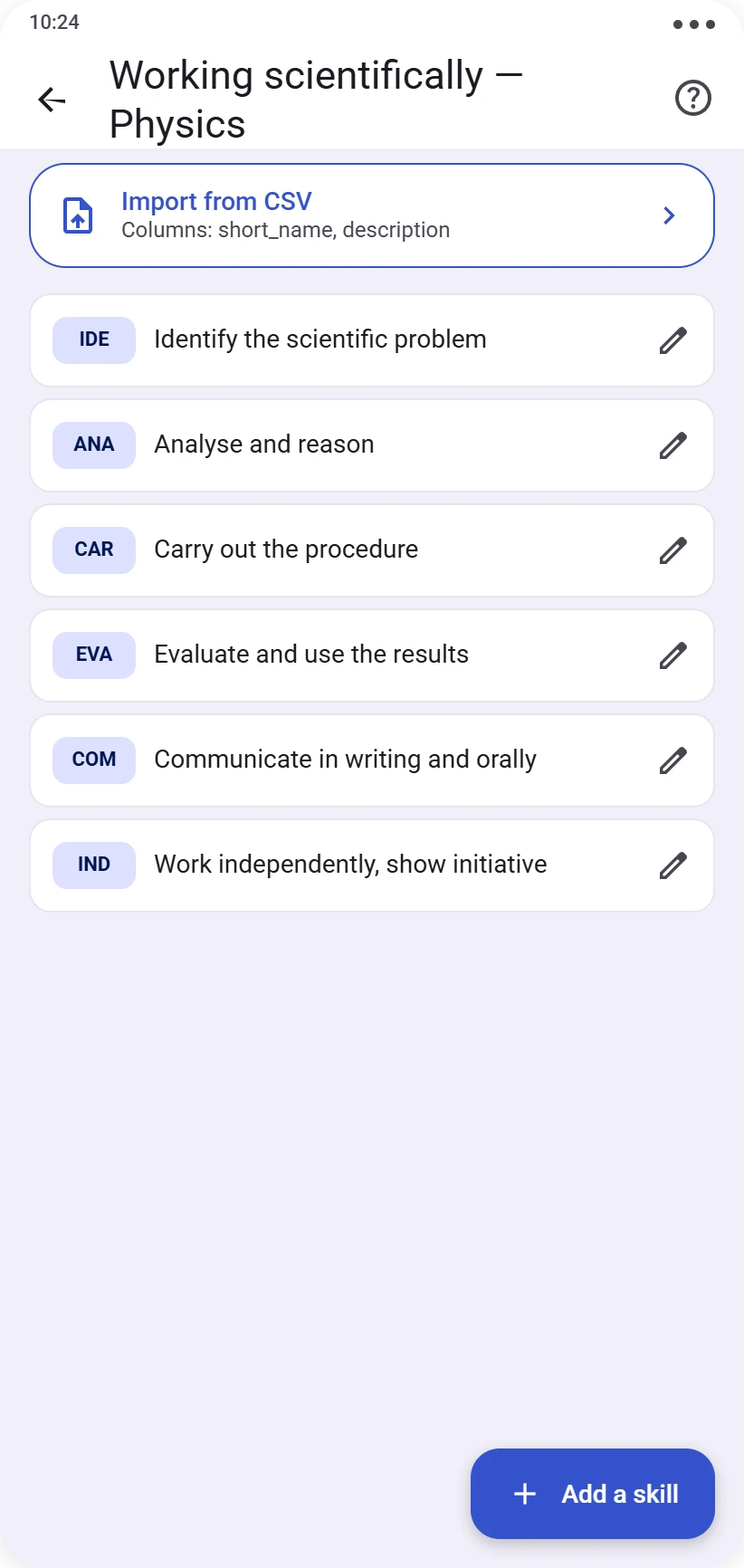 Competency set showing the list of competencies with short name and description