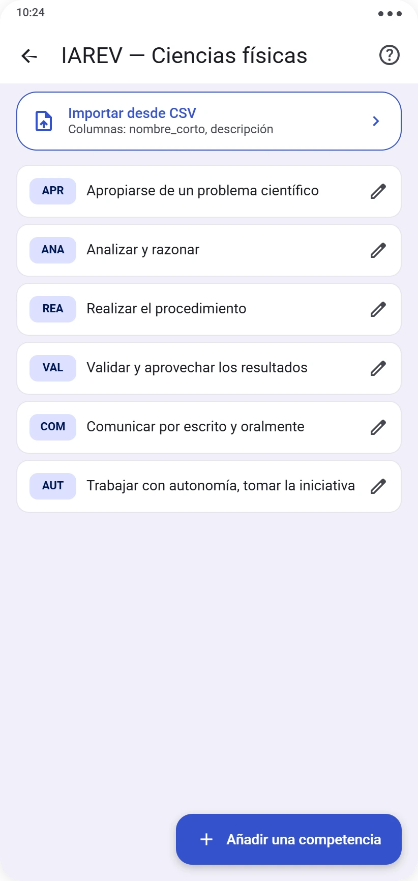 Conjunto de competencias con lista, nombre corto y descripción de cada competencia