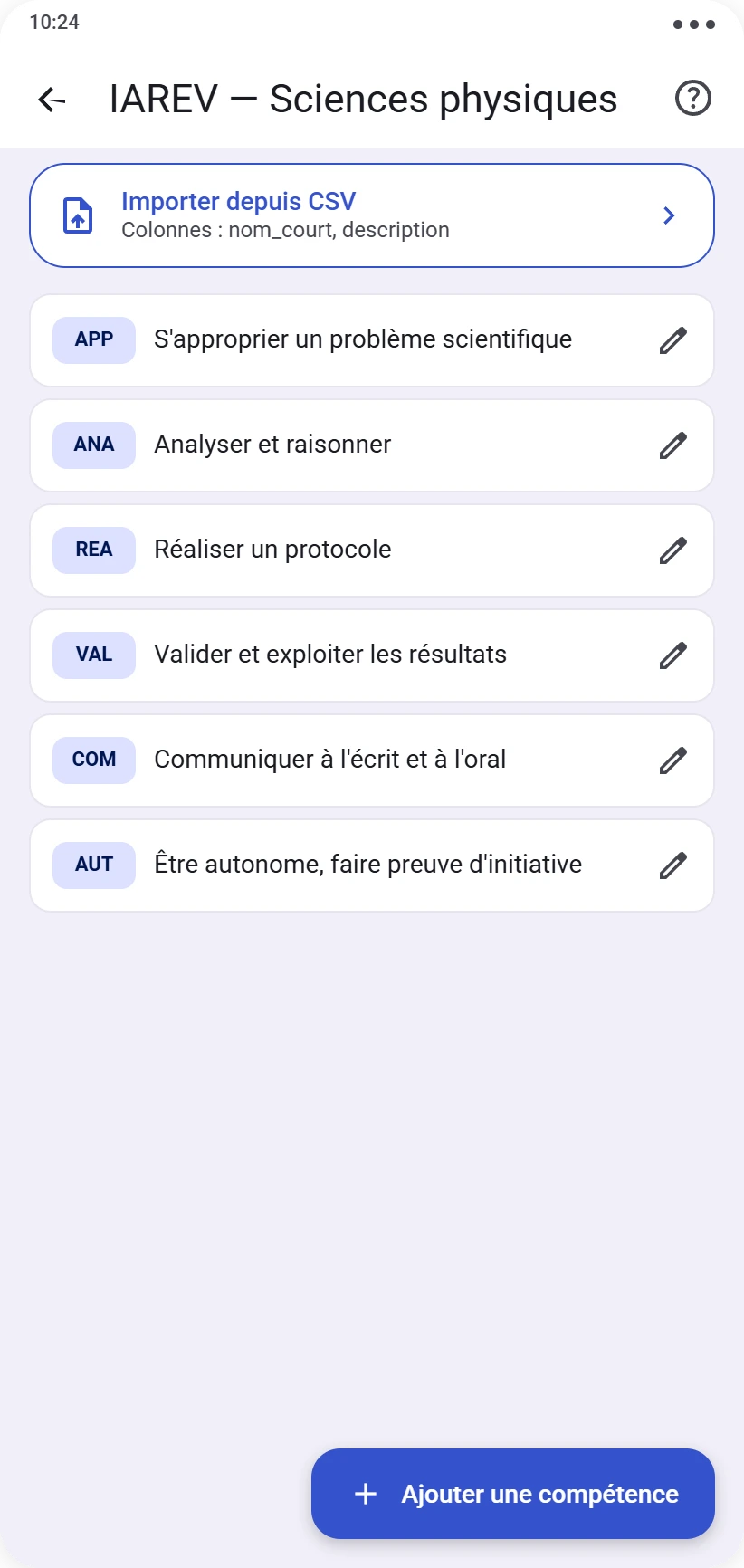 Ensemble de compétences avec liste des compétences, nom court et description