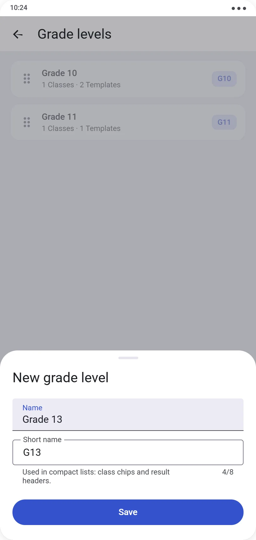 Create level form with name and short name fields