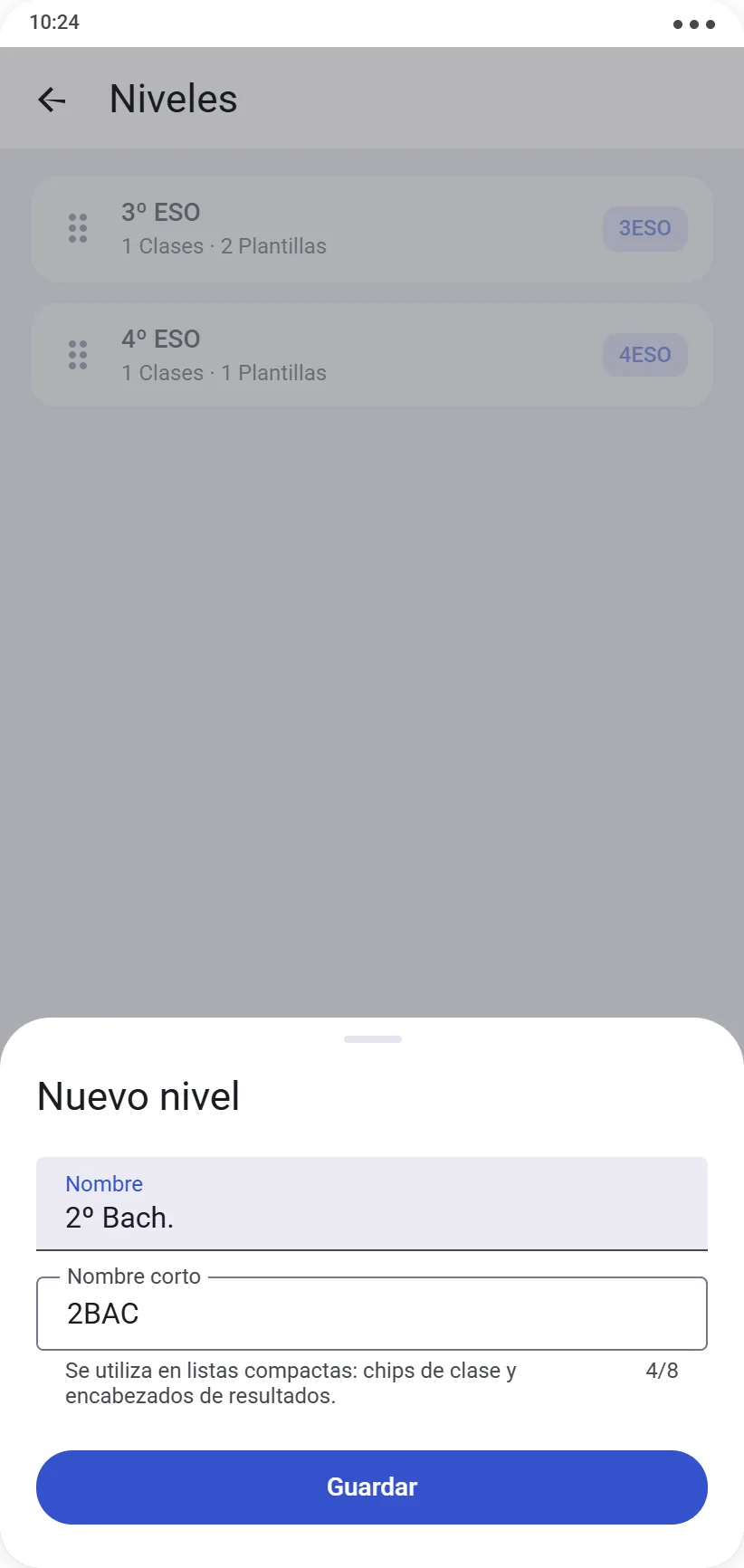 Formulario de creación de un nivel con nombre y nombre corto
