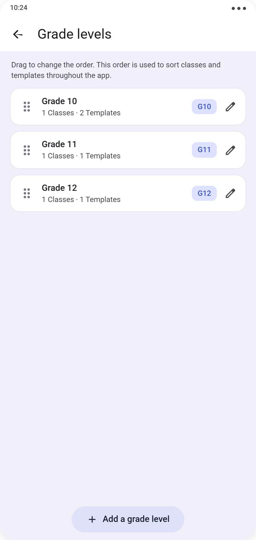 List of levels in the app, sortable by drag and drop