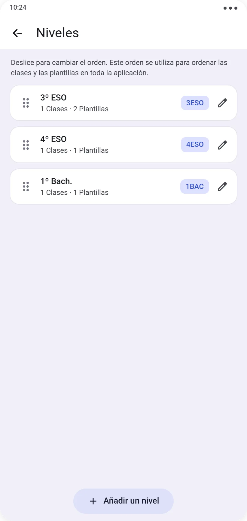 Lista de niveles en la aplicación, ordenables por arrastre