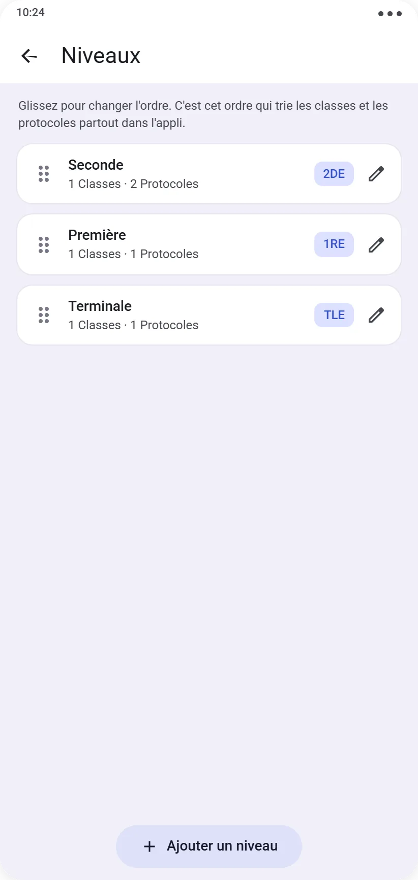 Liste des niveaux dans l'application, triables par glisser-déposer