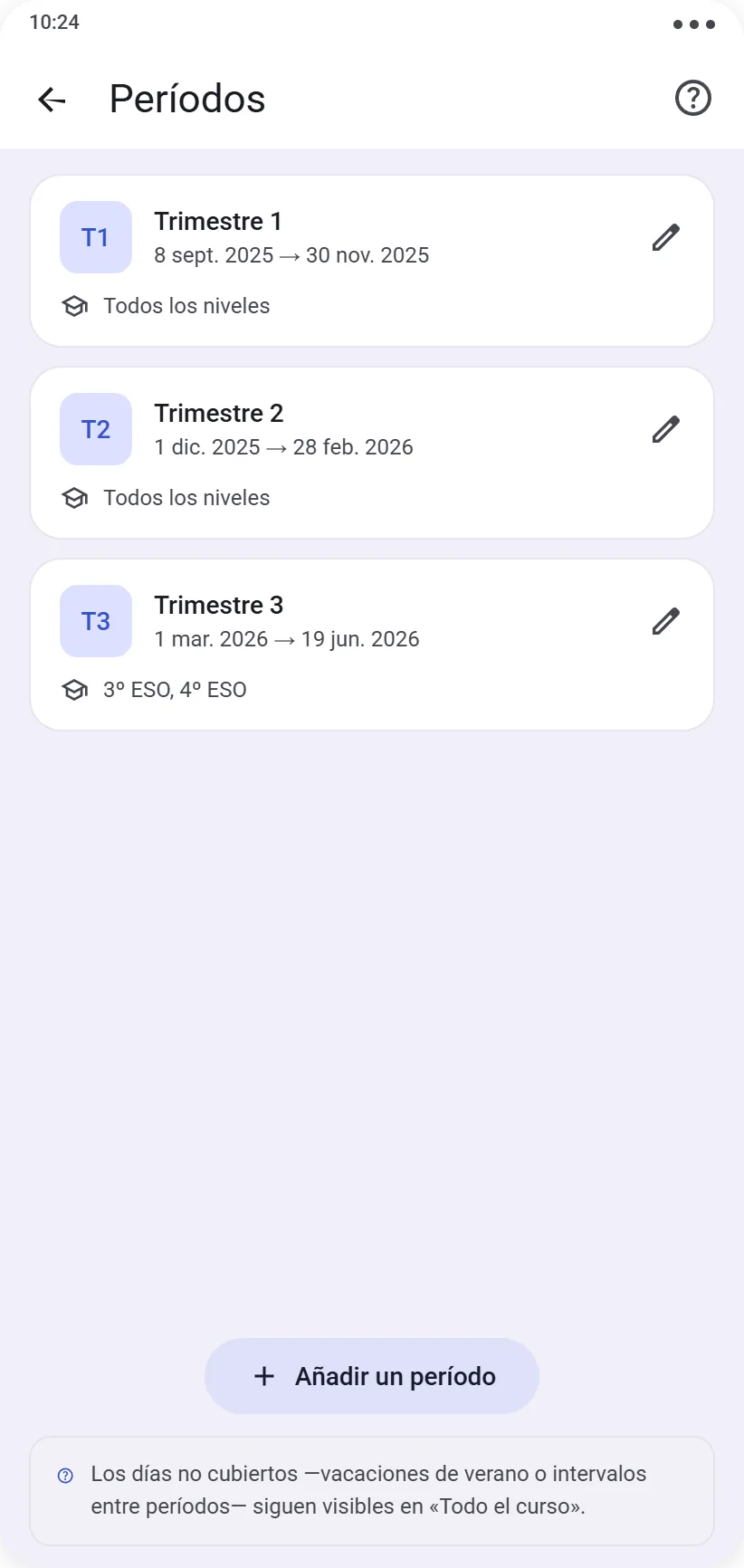 Lista de períodos con fechas de inicio y fin, asociados a los niveles