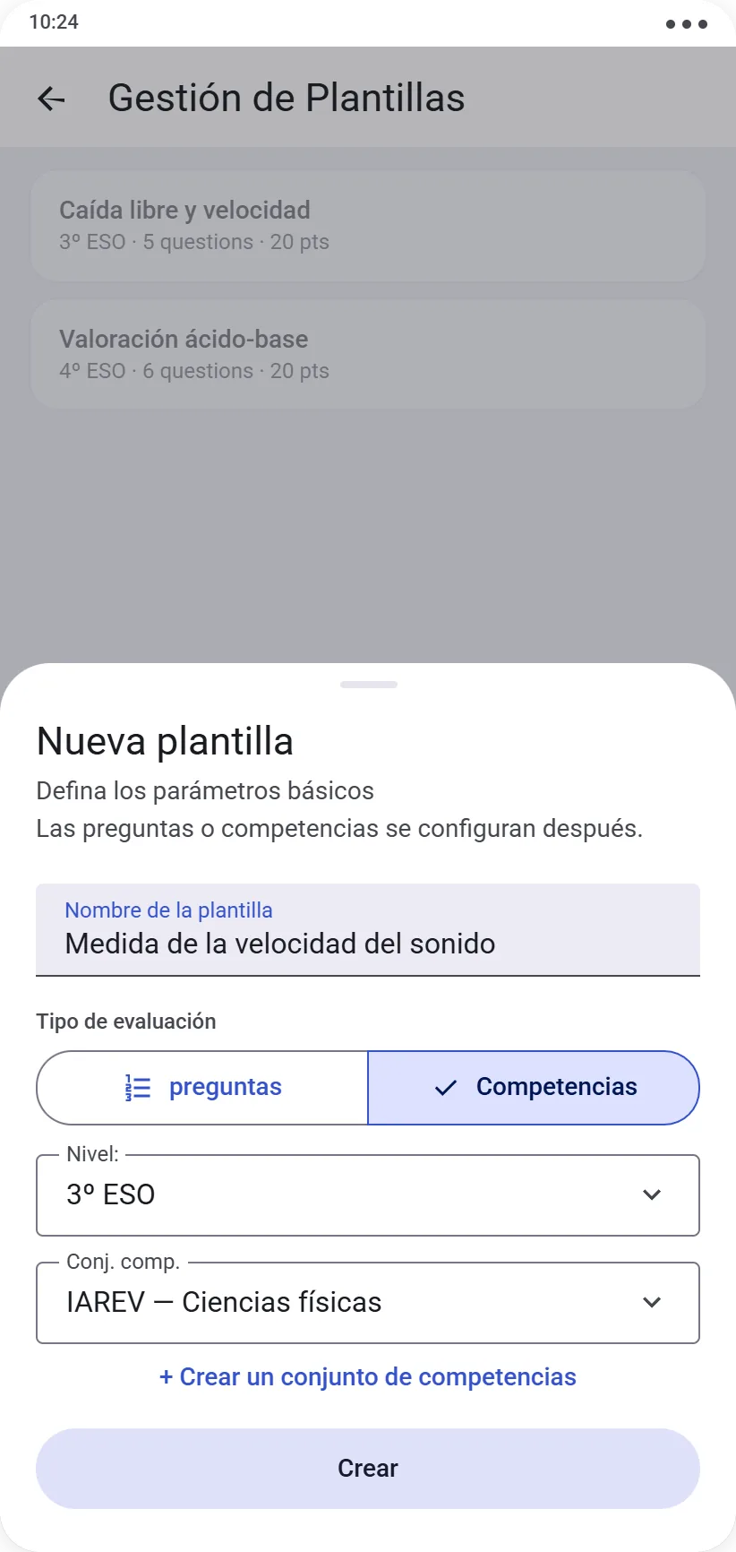 Formulario de creación de un protocolo con selección de tipo y nivel