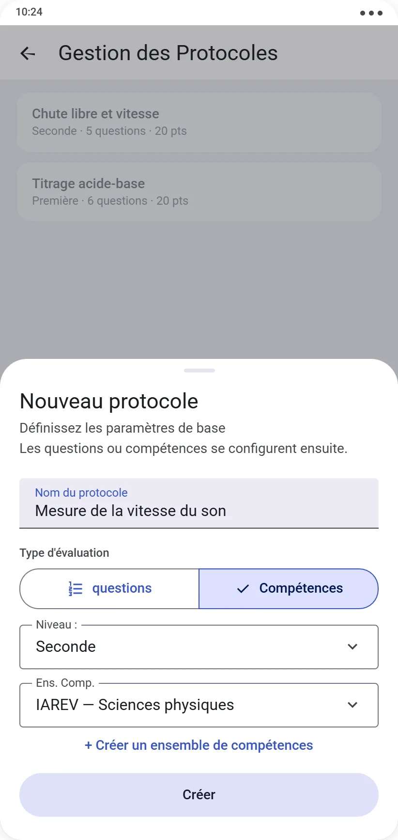 Formulaire de création d'un protocole avec sélection du type et du niveau