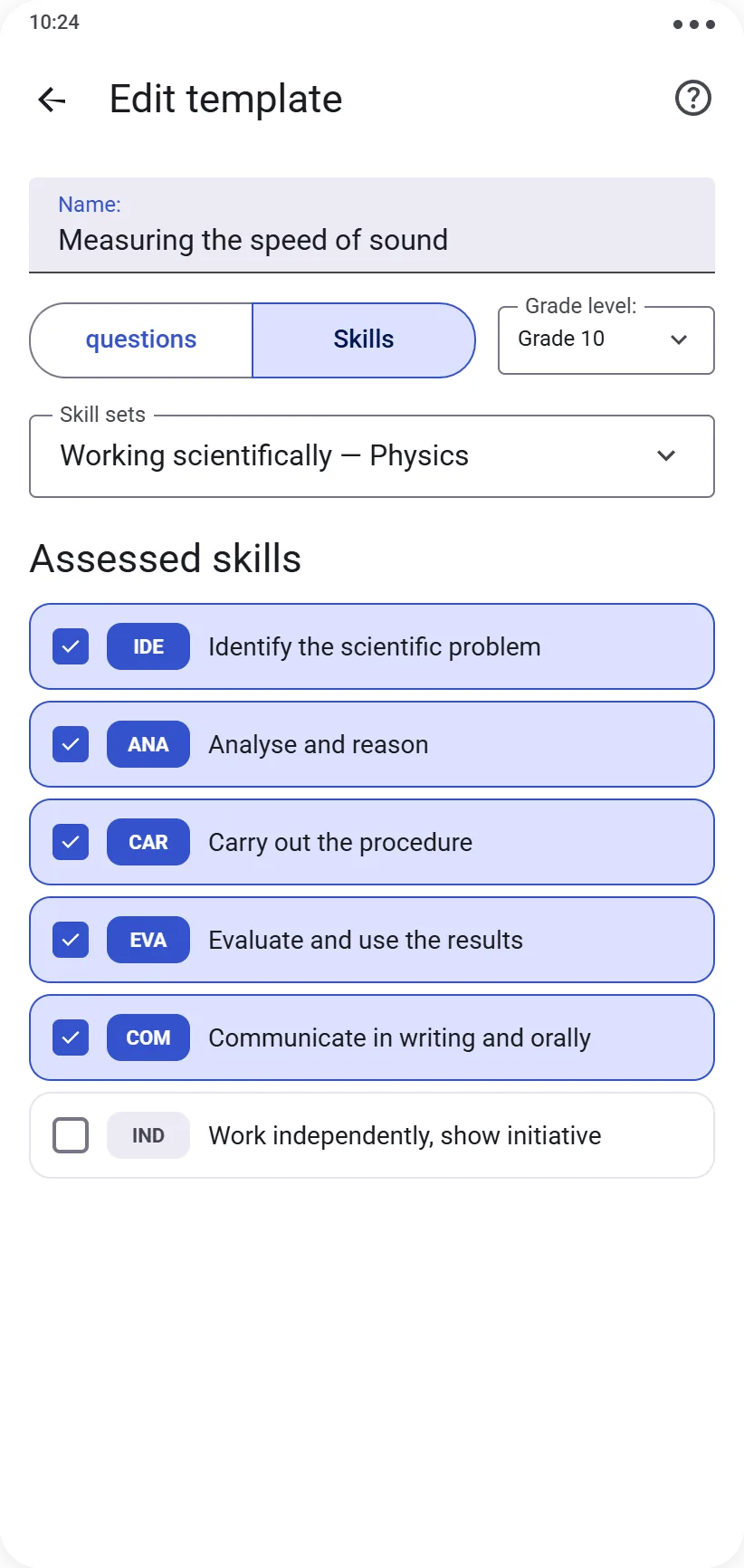 Competency-type protocol editor showing the competencies to assess