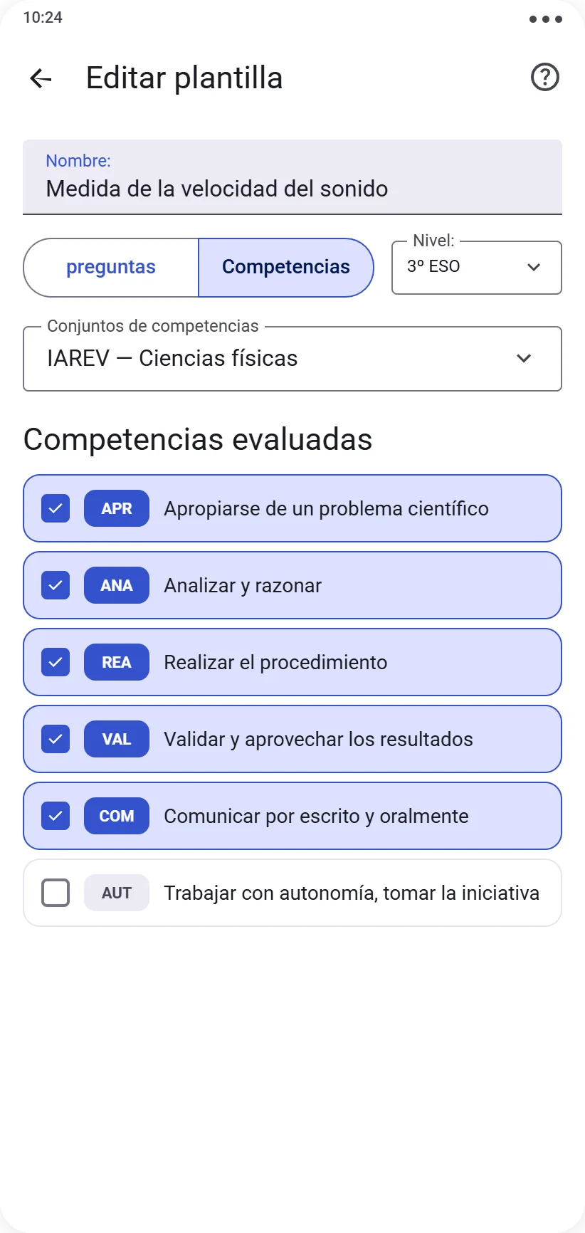 Editor de protocolo de tipo competencias con selección de competencias a evaluar