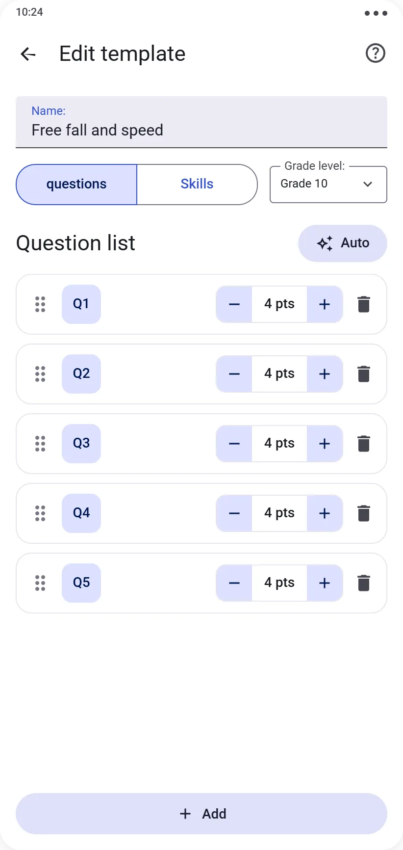 Question-type protocol editor with the question list and point values