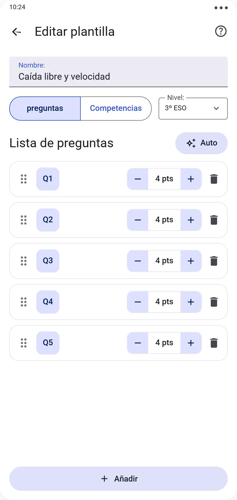 Editor de protocolo de tipo preguntas con lista de preguntas y sus puntos