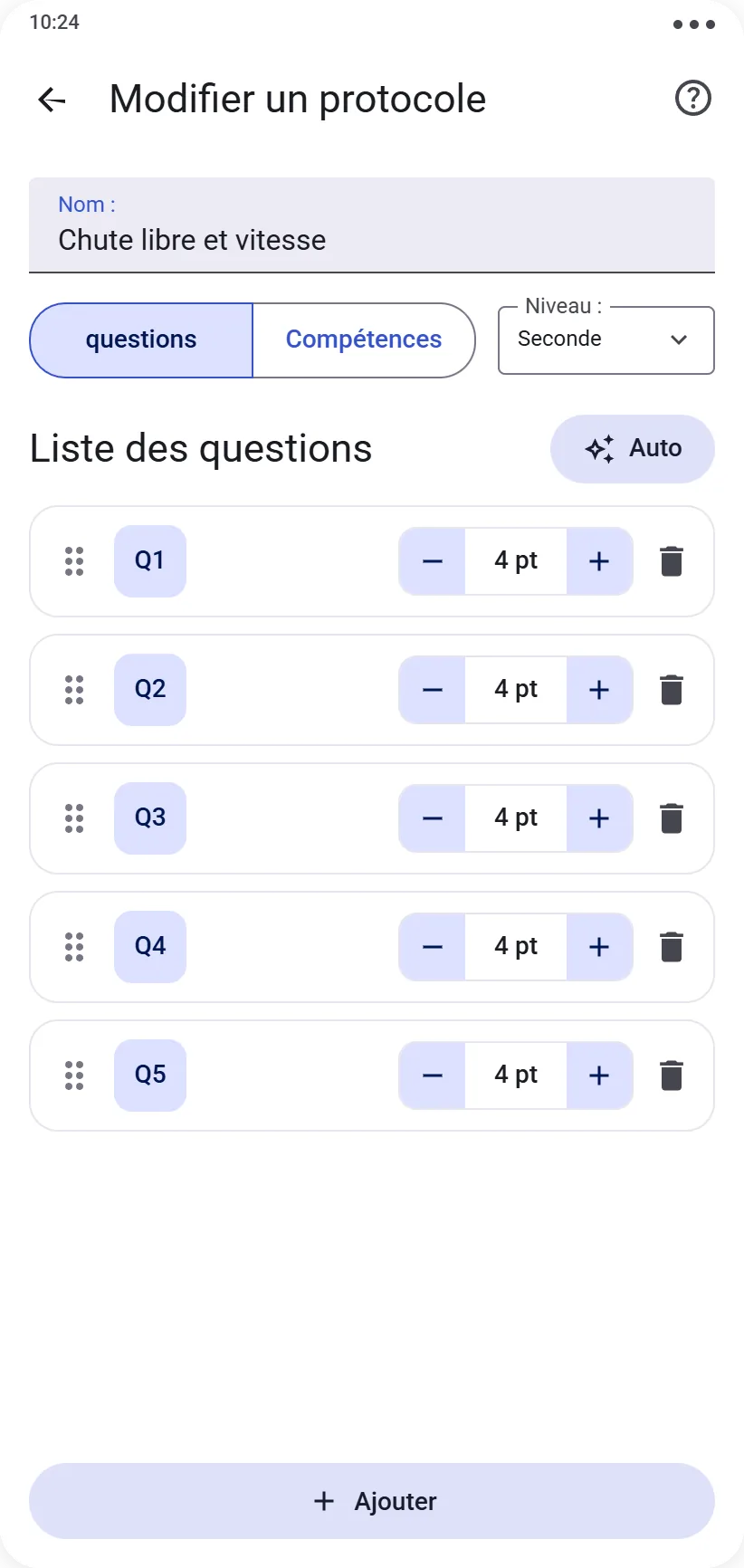 Éditeur de protocole de type questions avec liste des questions et leurs points