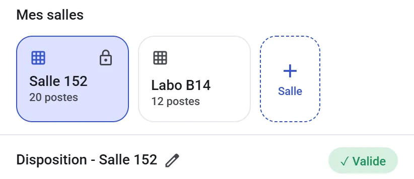 Liste des salles avec le crayon d'édition du nom