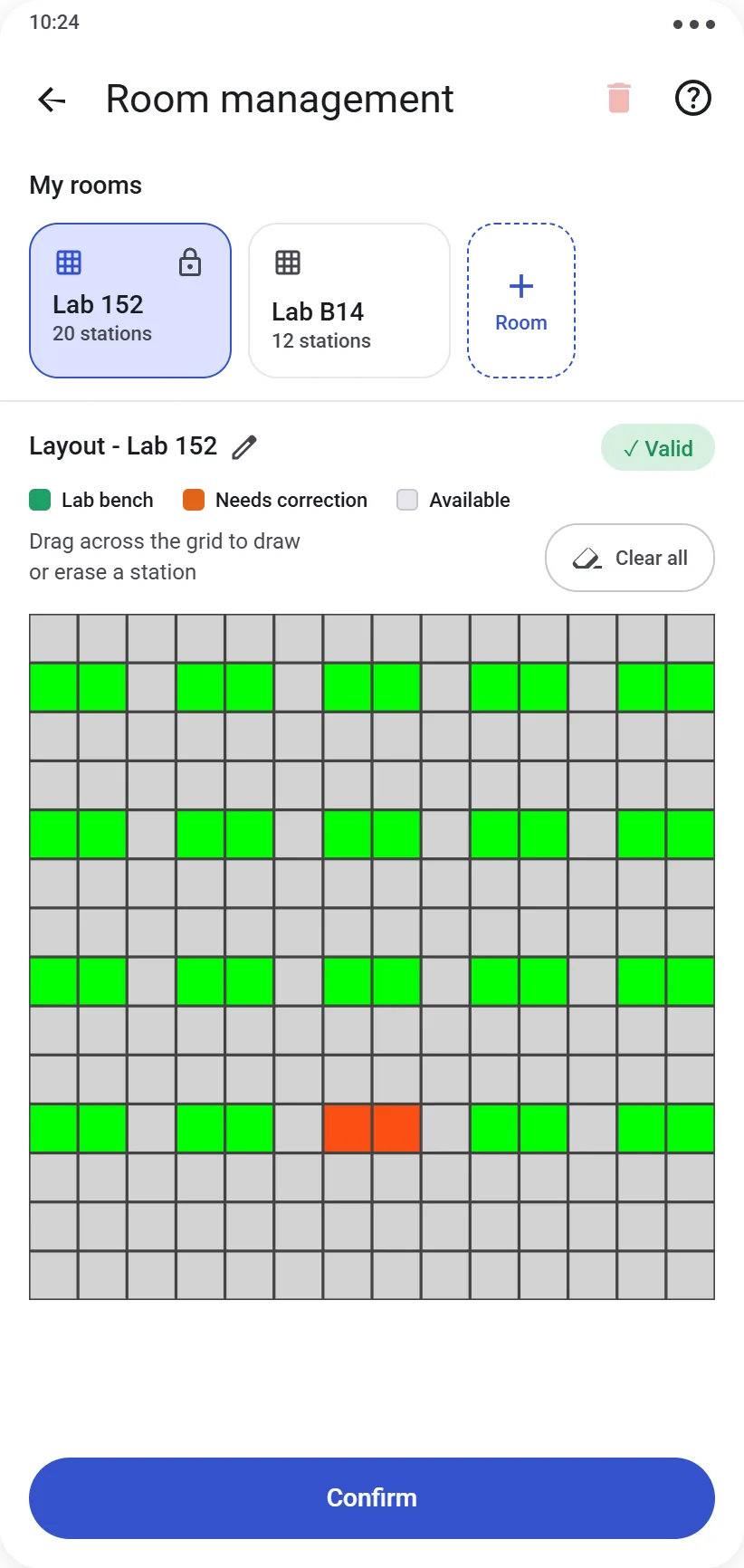 Room layout grid with workstations shown in green and orange