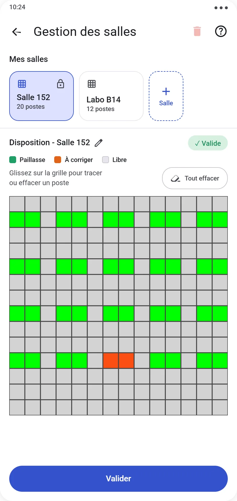 Grille de disposition d'une salle avec paillasses en vert et en orange