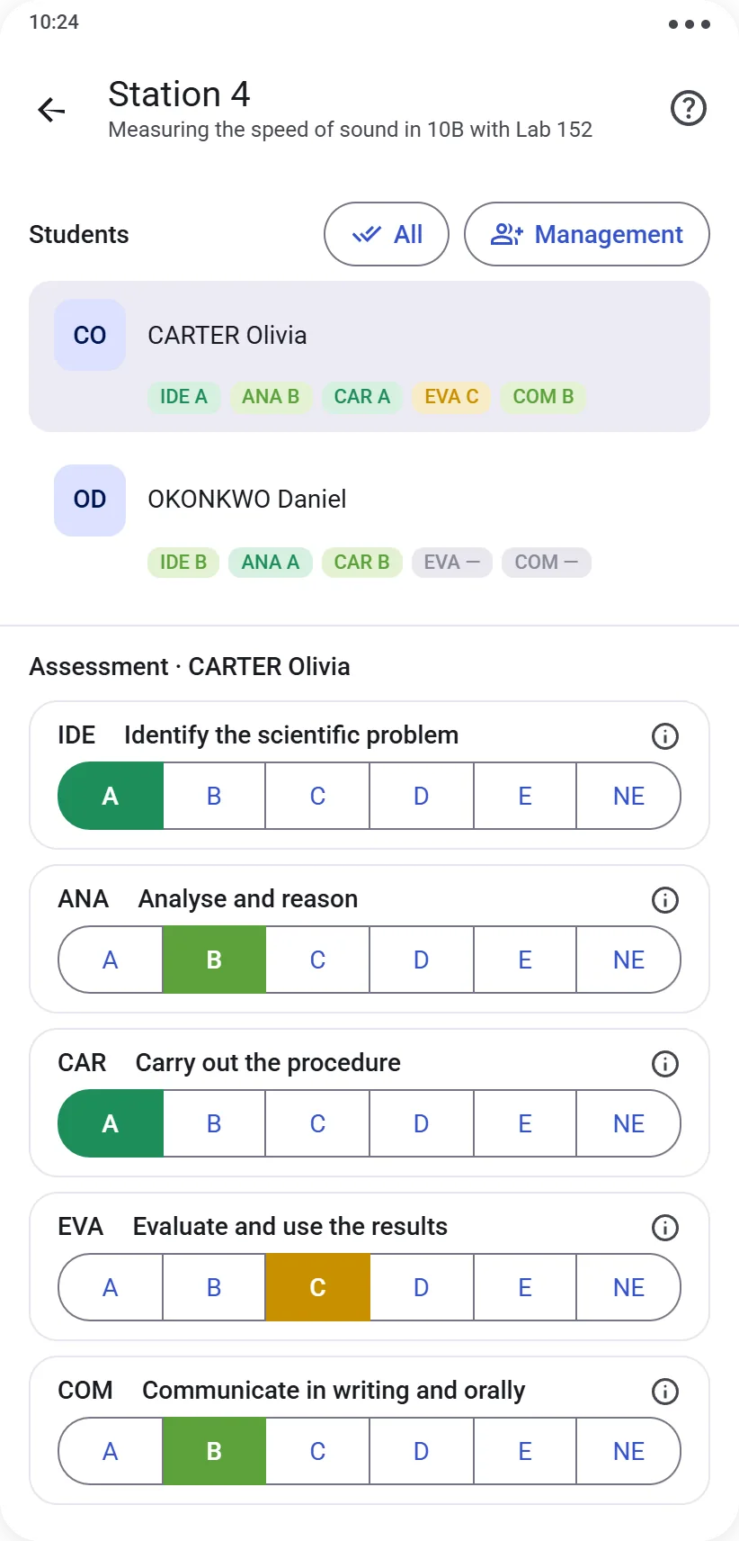 Competency-based assessment with A to E selector for each competency