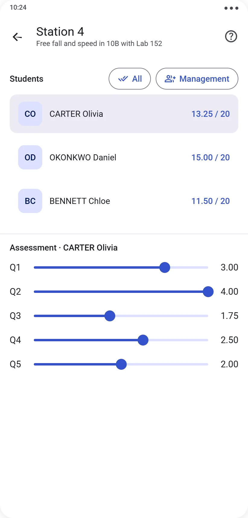 Question-based assessment with a scoring slider for each question