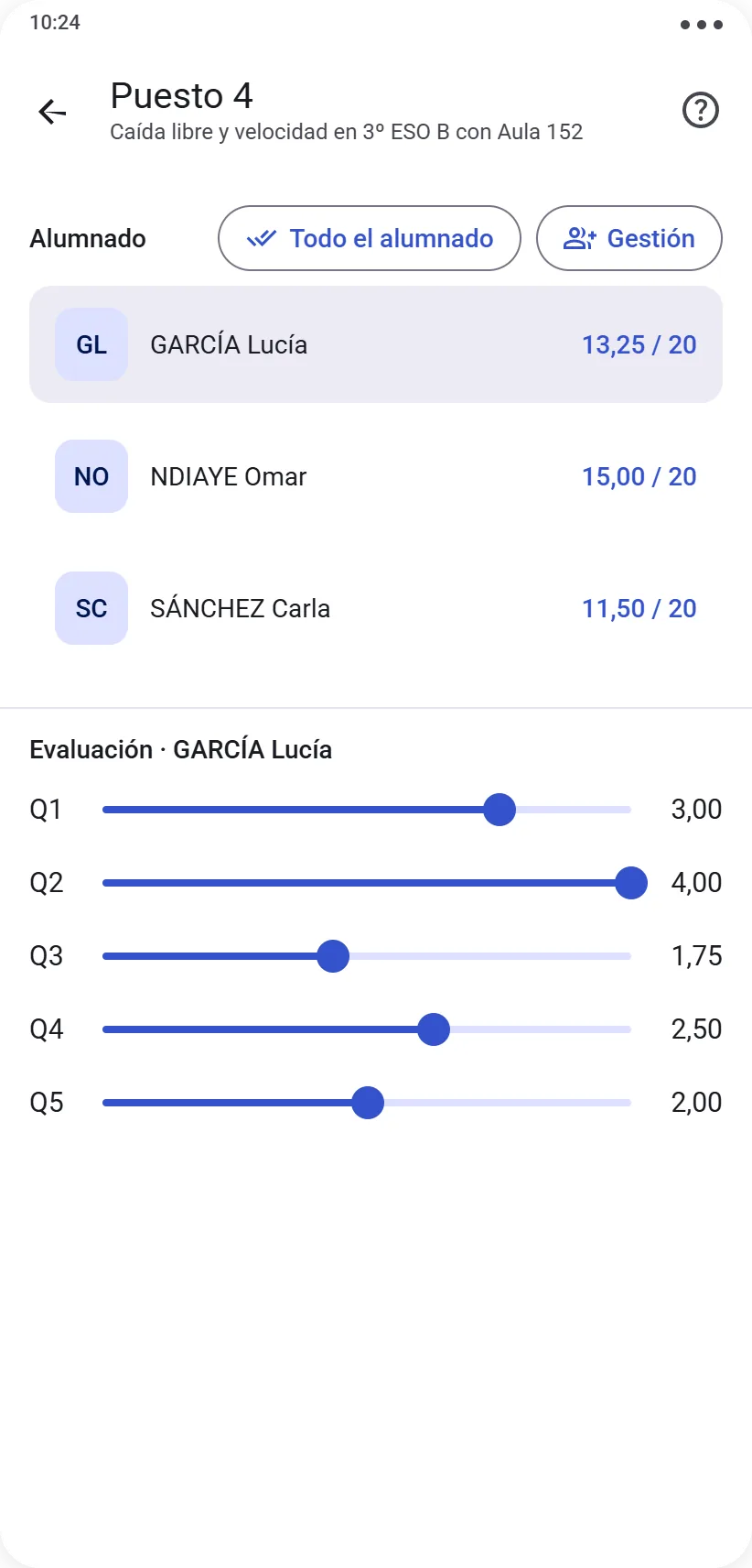 Evaluación por preguntas con deslizador de puntuación para cada pregunta
