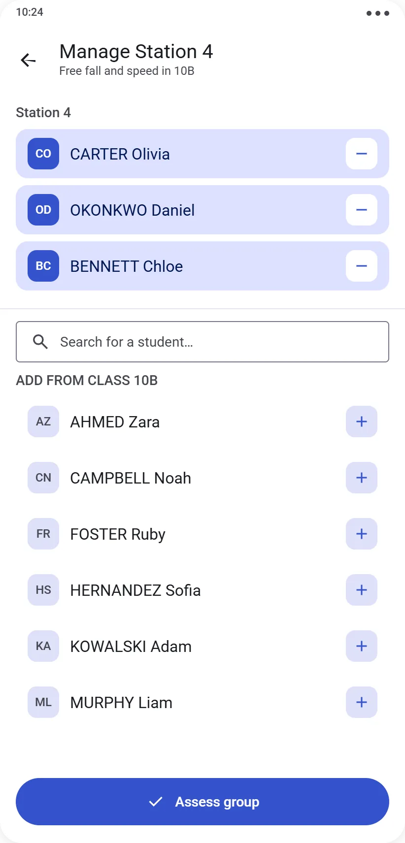 Station management with the group's student list and active selection