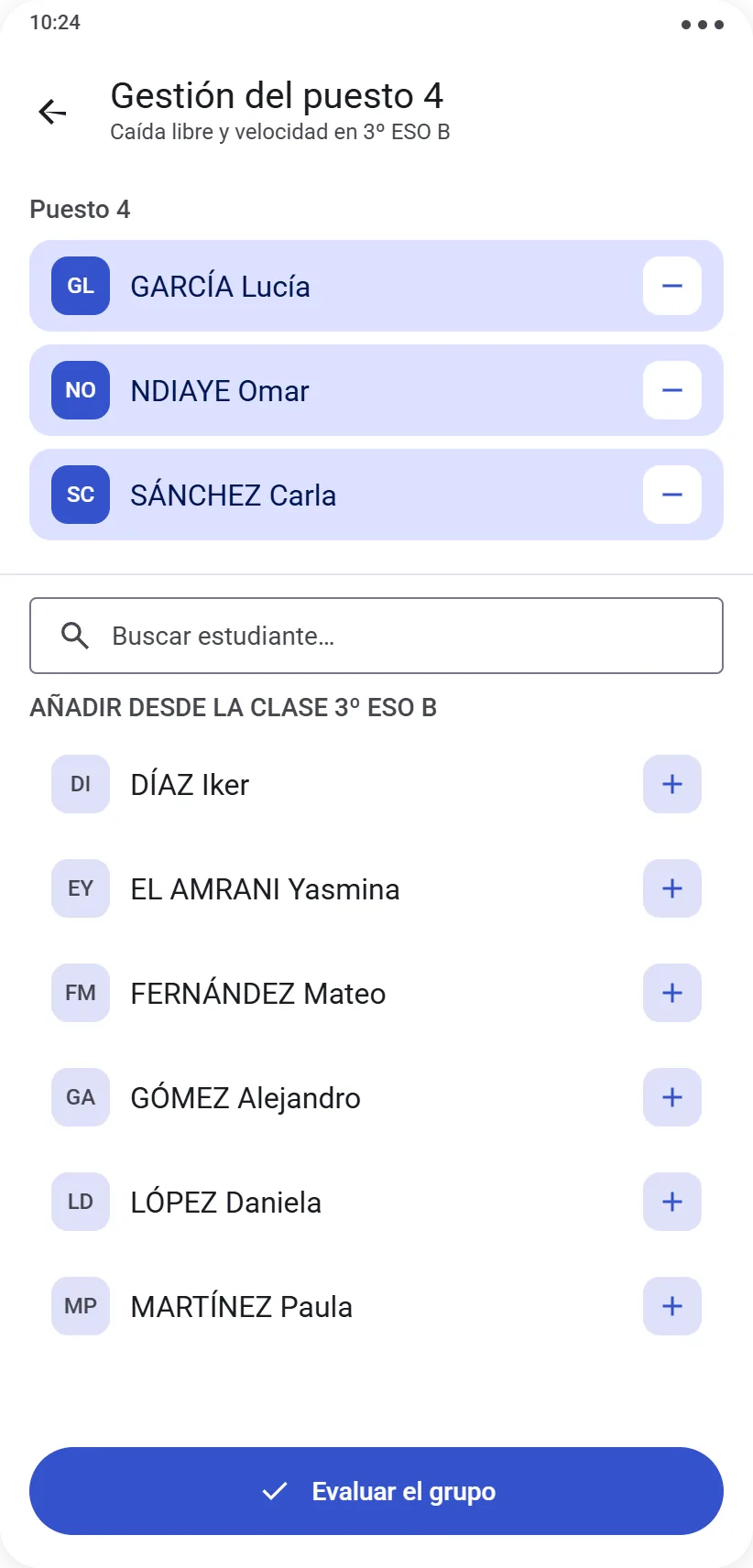 Gestión de un puesto con lista de alumnos del grupo y selección activa