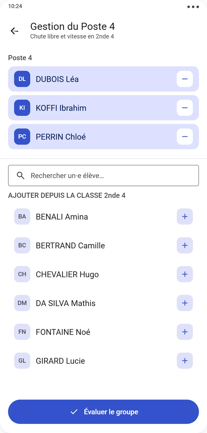 Gestion d'un poste avec liste des élèves du groupe et sélection active