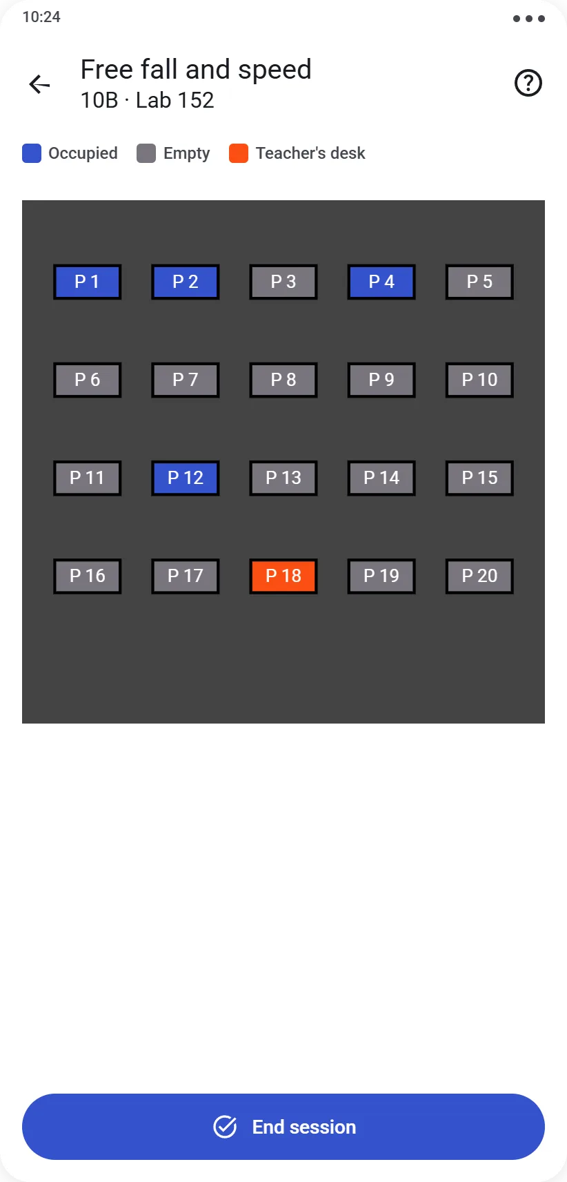 Room plan during the session with workstations to assign to students